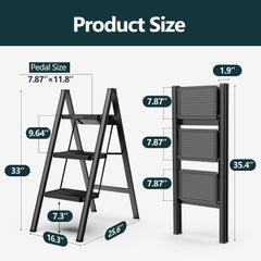 Step Ladder Folding Step Stool, Heavy Duty 330 Lbs Load Stepladder, Small Kitchen/Closet Ladder for Adults/Kids, Lightweight Step Ladder with Anti-Slip Wide Pedal for Home, Black (3 Step)