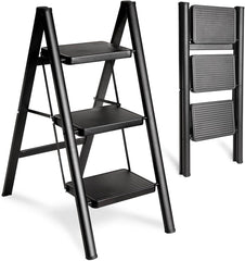 Step Ladder Folding Step Stool, Heavy Duty 330 Lbs Load Stepladder, Small Kitchen/Closet Ladder for Adults/Kids, Lightweight Step Ladder with Anti-Slip Wide Pedal for Home, Black (3 Step)