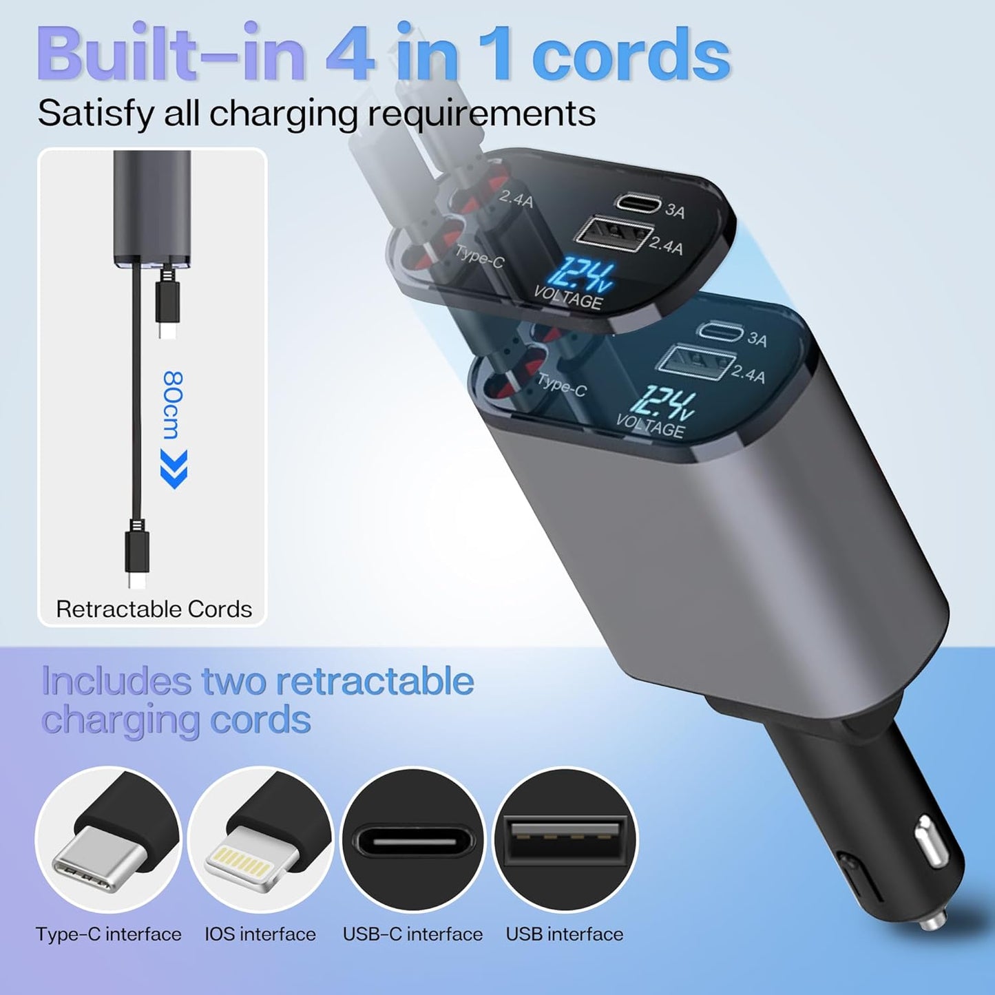 5-in-1 Retractable Car Charger – Fast Charging for Type-C & iOS