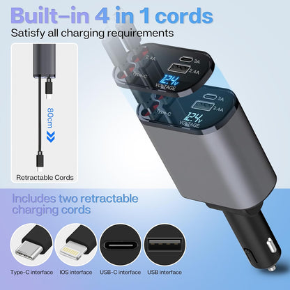 5-in-1 Retractable Car Charger – Fast Charging for Type-C & iOS