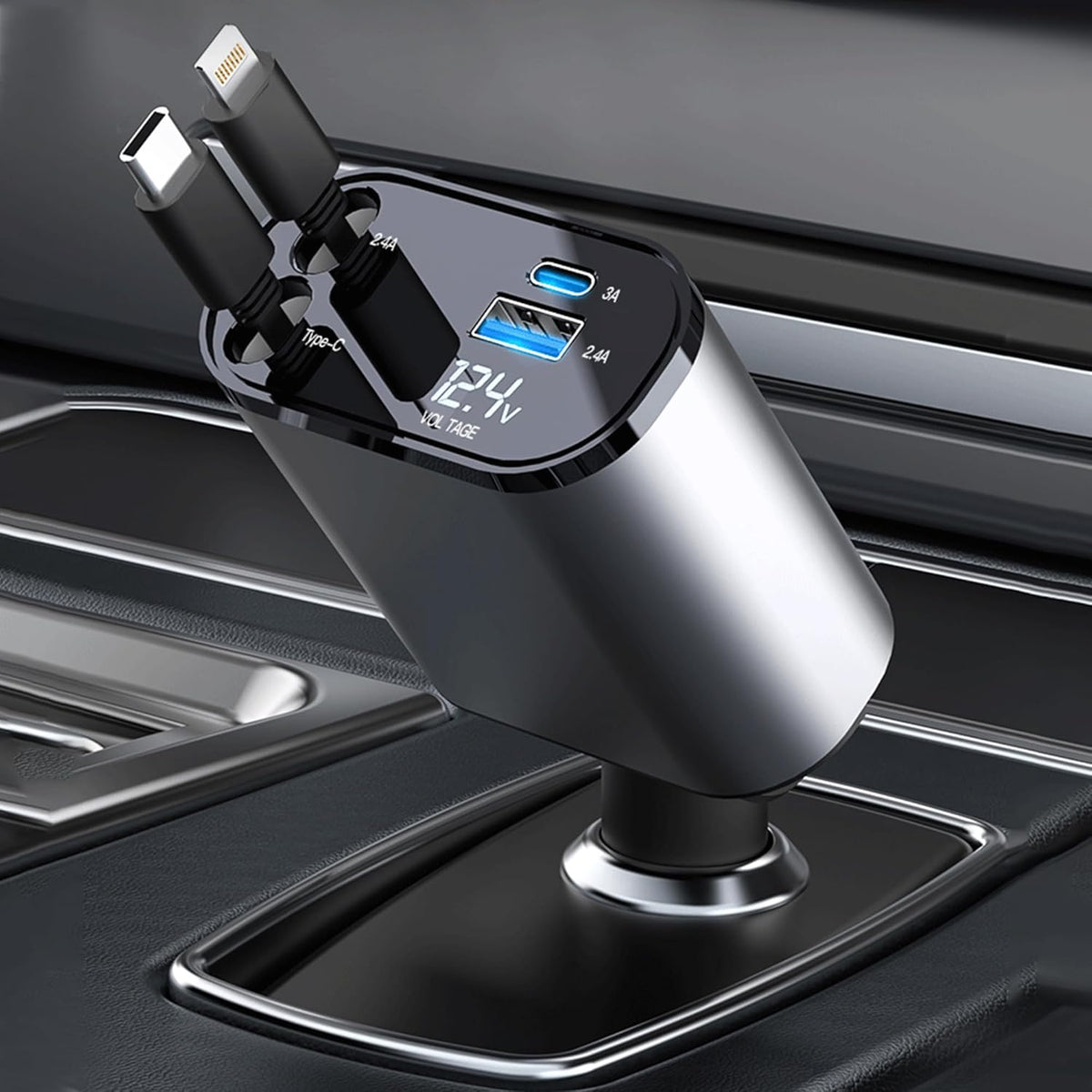 5-in-1 Retractable Car Charger – Fast Charging for Type-C & iOS