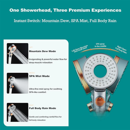 SGS Filtered High Pressure Shower Head | Removes Chlorine, For Hard Water & Hair Loss | 3 Modes with Adj. Flow Pause | Double Sided Micro-Nano Bubble Tech, (Starter Kit - Rose
