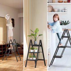 Step Ladder Folding Step Stool, Heavy Duty 330 Lbs Load Stepladder, Small Kitchen/Closet Ladder for Adults/Kids, Lightweight Step Ladder with Anti-Slip Wide Pedal for Home, Black (3 Step)