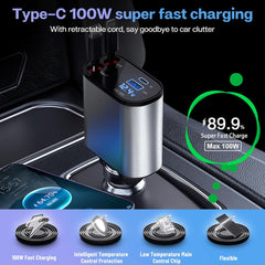 5-in-1 Retractable Car Charger – Fast Charging for Type-C & iOS