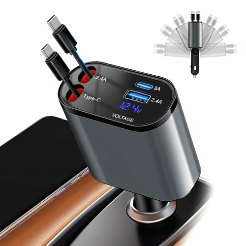 5-in-1 Retractable Car Charger – Fast Charging for Type-C & iOS